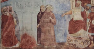 A cropped detail of 'Trial by Fire' by Giotto that focuses on St. Francis' face.
