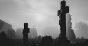 A foggy cemetery; a place to honor the dead.