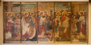 Painting of five miracles of Our Lord by Alexander Gibbs (1832–1886) on the north wall of the chancel, executed in 1883/4.