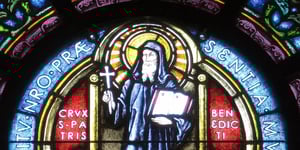Saint Benedict's Parish (Chesapeake, Virginia) - stained glass, St. Benedict rose window detail - Medal of St. Benedict