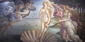 The Birth of Venus by Sandro Botticelli that depicts the goddess Venus, having emerged from the sea as a fully grown woman, arriving at the sea-shore.