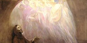 A chorus of angels, with its melodies, drives away the sorrows of St. Francis.