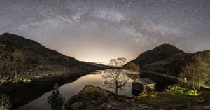 Milky way from the Ogwen Valley, stretching from mountain to mountain.