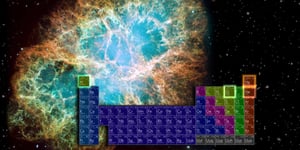 A periodic table insert on a snapshot of our universe.