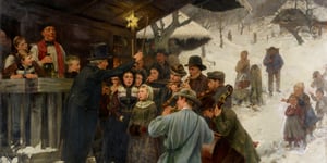 Painting by Swiss artist Hans Bachmann (1852 - 1917) 'A Christmas Carol in Lucerne' (1887).