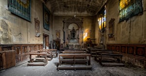 An abandoned church with empty pews.