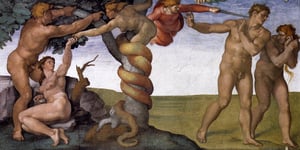  This is a fresco that Michelangelo painted on the Sistine Chapel ceiling. It shows the temptation of Adam and Eve and their expulsion from the garden.