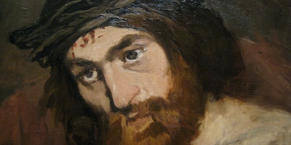 A detailed close up of the painting 'Head of Christ' by Édouard Manet