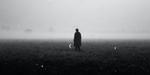 Visual of a negative near-death experience: a man alone in a misty field. 