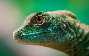 green reptile with a bright orange eye