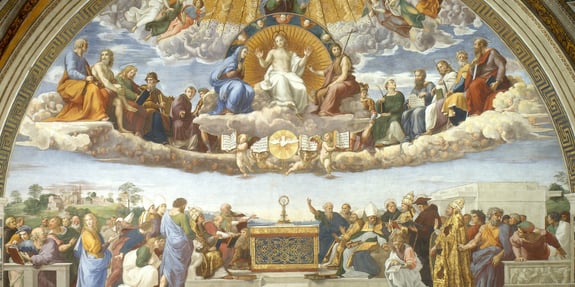  The Disputation of the Holy Sacrament (Raphael 1509-1510) depicts theologians debating, with Pope Gregory I and Jerome on the left, and Augustine and Ambrose on the right, Pope Julius II, Pope Sixtus IV, Savonarola and Dante Alighieri