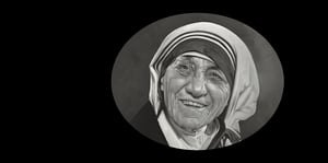 Oil painting of Mother Teresa on a black background. 