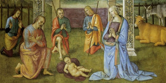 Pietro Perugino: Natività con l’Eterno in gloria tra gli angeli e l’Annunciazione.