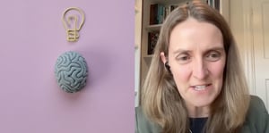 Dr Sharon Dirckx next to an image of a brain and lightbulb